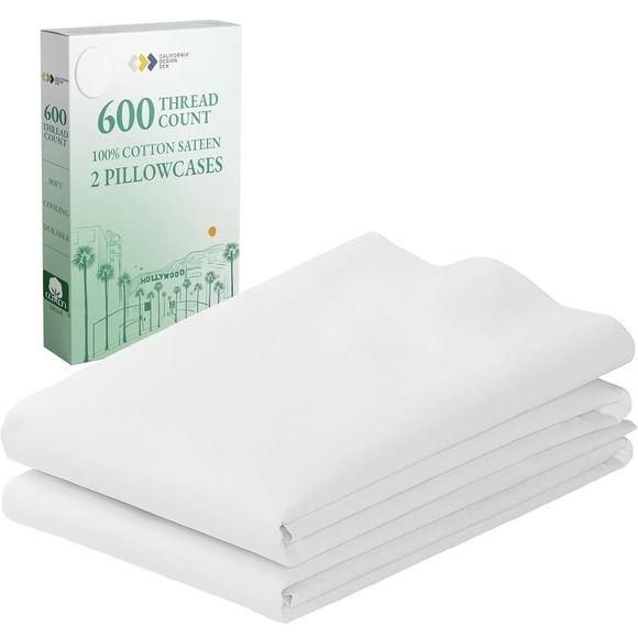 California Design Den White Pillowcases 600 Thread Count Cotton Sateen Standard - Picture 1 of 8
